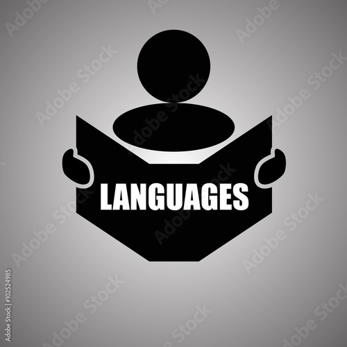 New concept of LANGUAGES symbol : Book, Magazine, Ebook reader, student, teacher, tutor with hands symbol. Silhouette of a man holding a book with inscriptions. Vector illustration EPS 10
