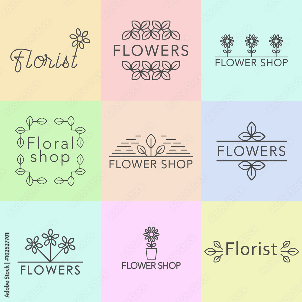 Outline vector set of logo design templates, and signs for identity, business cards and packaging - floral shops, beauty and spa studios