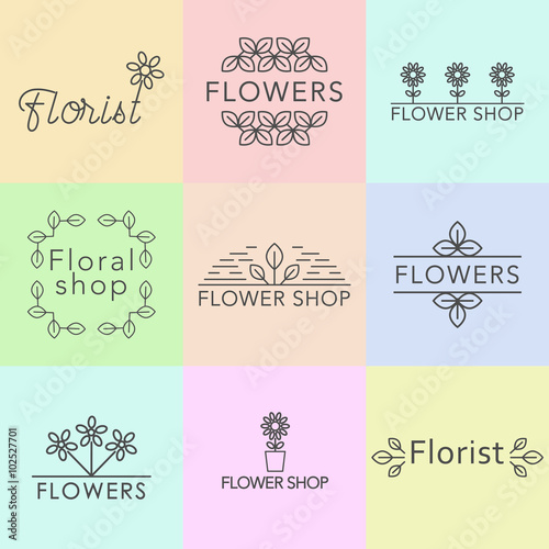 Outline vector set of logo design templates, and signs for identity, business cards and packaging - floral shops, beauty and spa studios