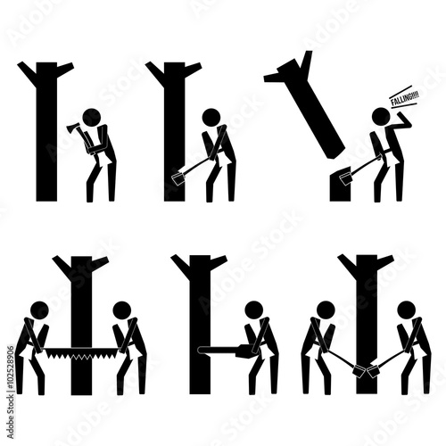 woodcutter carpenter chopping and cutting wood icon symbol sign infographic vector