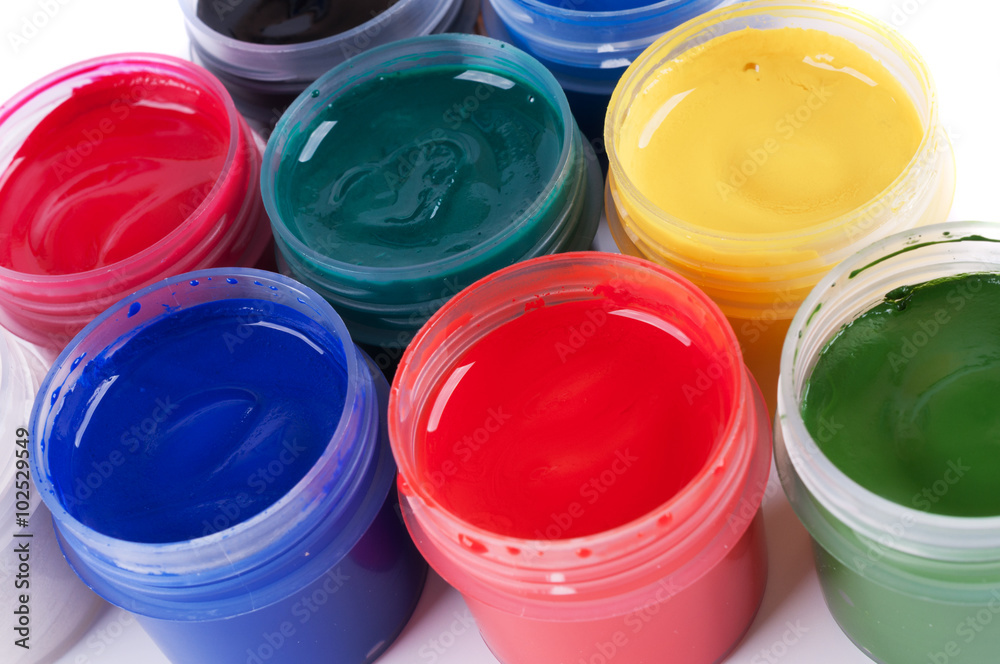 Several plastic bottles with colored gouache. Several plastic bottles with colored gouache.