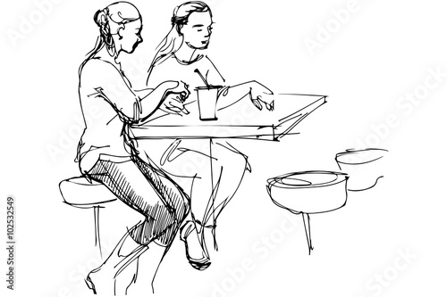 vector sketch of two friends at a table in a cafe