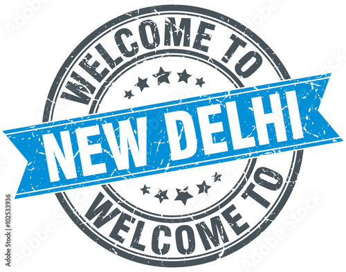 welcome to New Delhi blue round vintage stamp