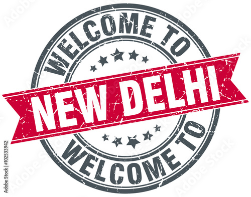 welcome to New Delhi red round vintage stamp