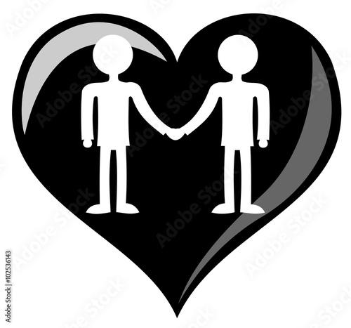 Black and white love heart with silhouette of couple of two homosexual men and gays