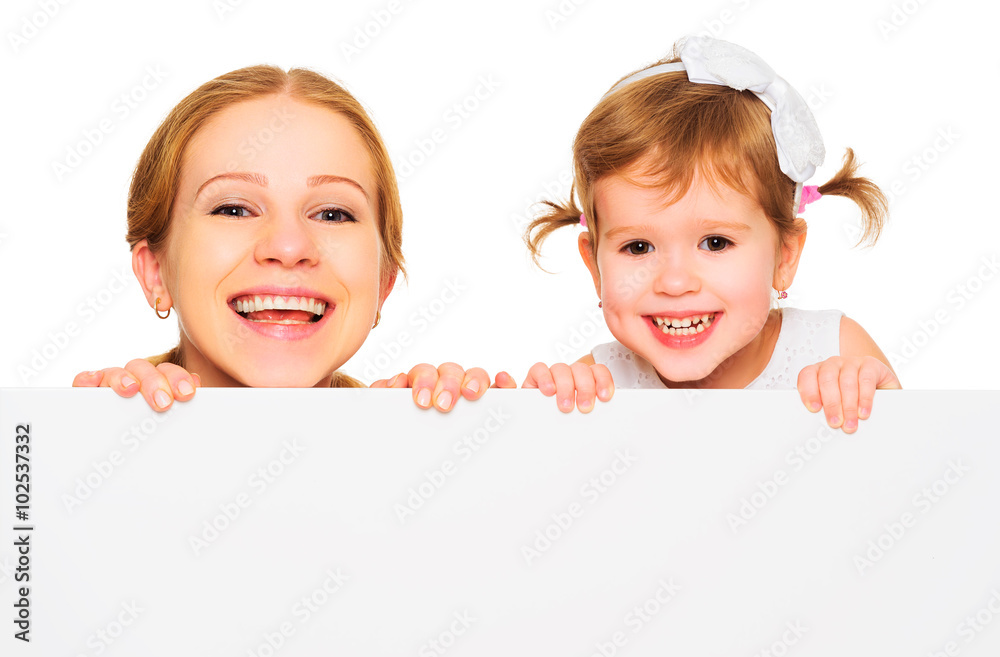 happy family mother child daughter with blank white poster happy family mother child daughter with blank white poster