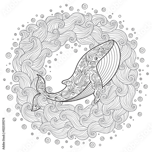 Hand drawn whale in the waves for anti stress Coloring Page