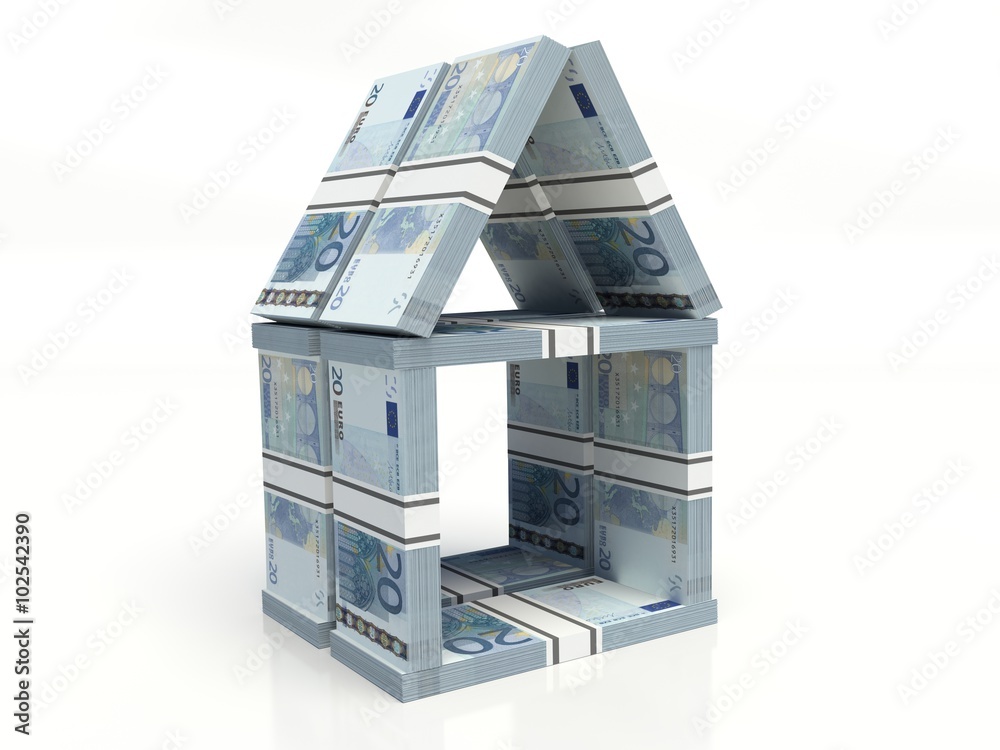 twenty euros banknote. house of cards, stacked notes on a white background twenty euros banknote. house of cards, stacked notes on a white background