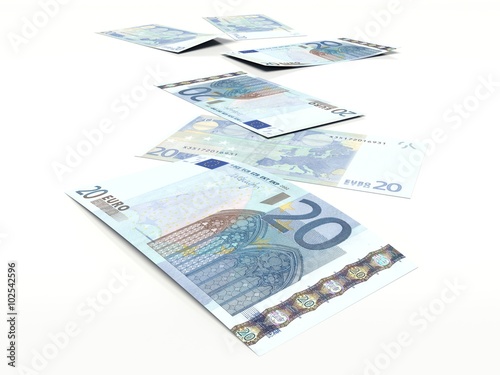 twenty euros banknote. stacked notes on a white background 