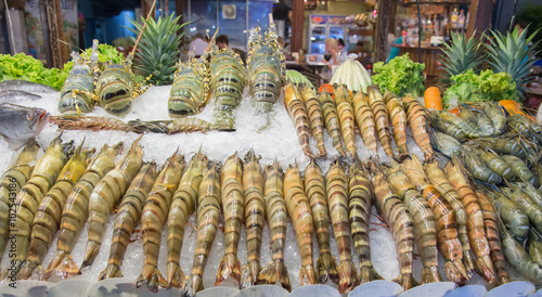 Fresh seafood arrangement displayed in market