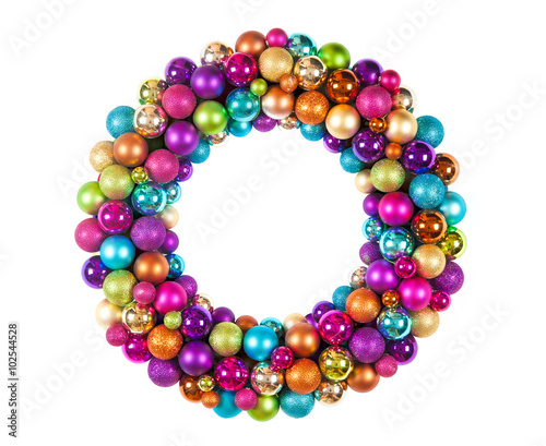 christmas wreath with decoration balls isolated on white backgro