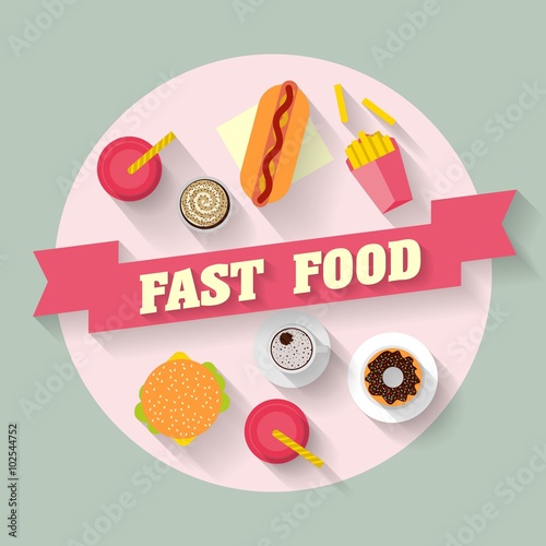 Lunch with french fries, hot dog, burger, cupcake, donut, coffee and soda. Fast food. Flat lay design. Vector Illustration