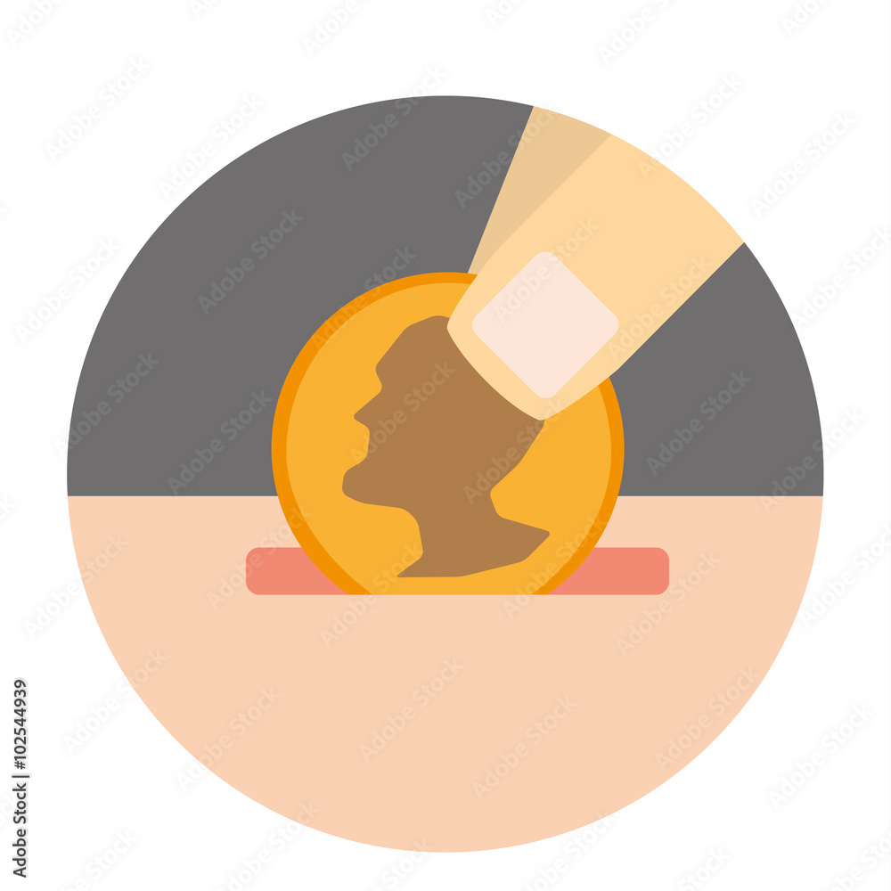 Saving money concept with fingers dropping a gold coin into a piggy ...