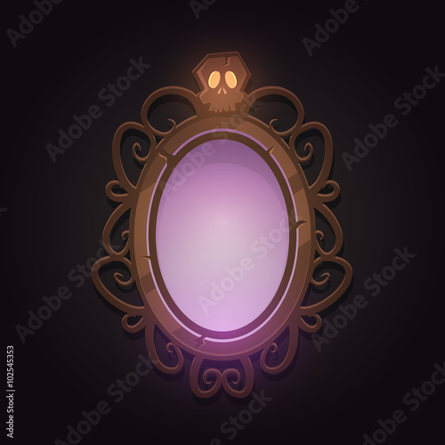 Cartoon illustration of the creepy retro mirror with skull. 