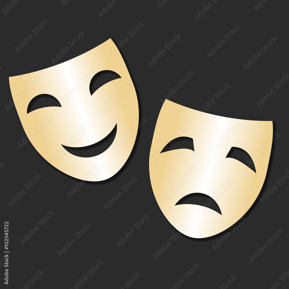 Vector isolated theater gold cheerful and sad mask. Theater Day. Vector isolated theater gold cheerful and sad mask. Theater Day.