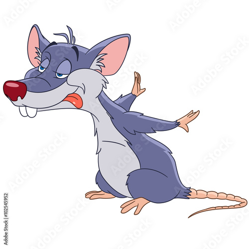 cute and happy cartoon nosy rat is breathing in delicious smell of some food, isolated on a white background