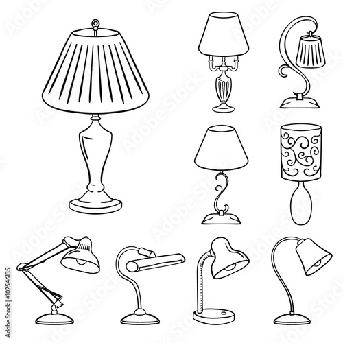 Set of sketched table lamps with lampshades. Vector illustration. Set of isolated black contoured objects on white background.