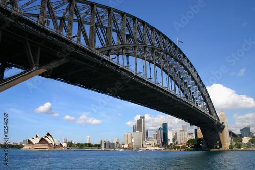 Sydney Australia harbour bridge looking up from under with opera house and financial district in the distance © david_franklin