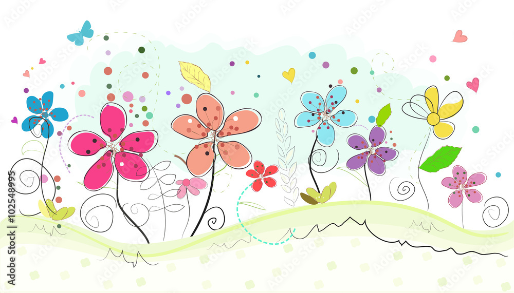 Fototapeta Wiosna czas kolorowe abstrakcyjne doodle kwiaty wektor tle