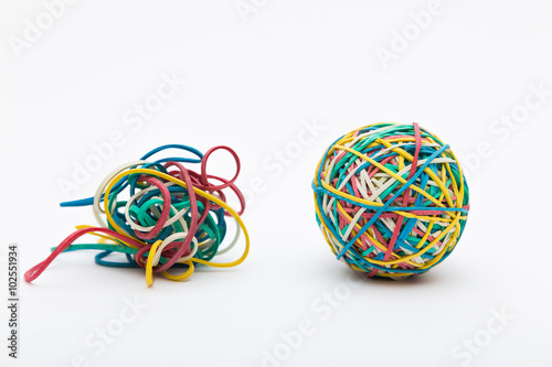 Pull yourself together! Coloured rubber band ball and mess