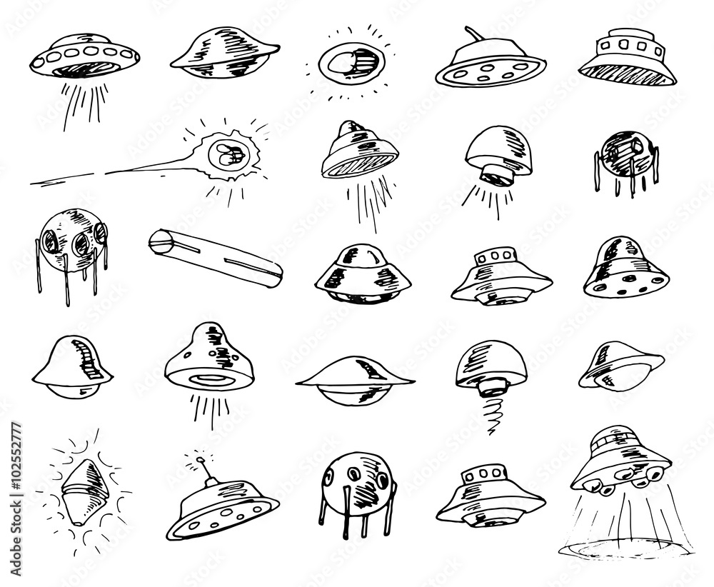 Set of UFOs. Drawing sketch. Vector illustration. Set of UFOs. Drawing sketch. Vector illustration.