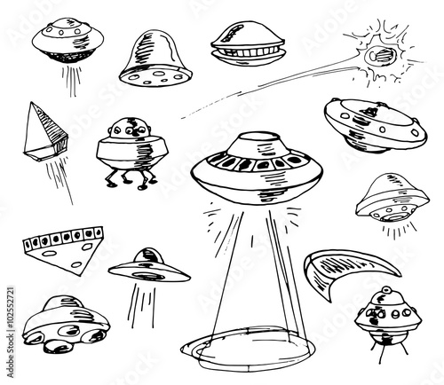 Set of UFOs. Drawing sketch. Vector illustration. 