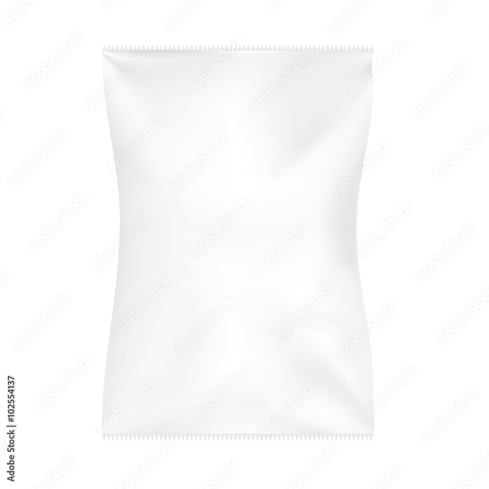 VECTOR PACKAGING: White gray snack pack bag on isolated white background. Mock-up template ready for design