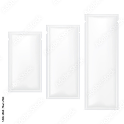 VECTOR PACKAGING: White gray SET of sachet foil packet on isolated white background. Mock-up template ready for design