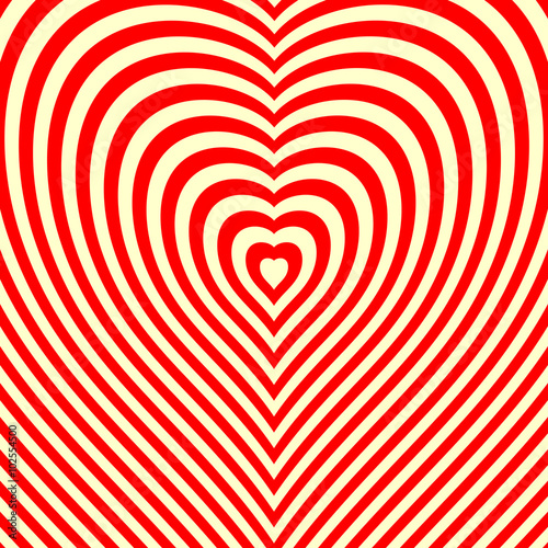 Abstract endless heart background. Optical illusion. Red and white backdrop. Valentine's Day, love concept. Vector illustration