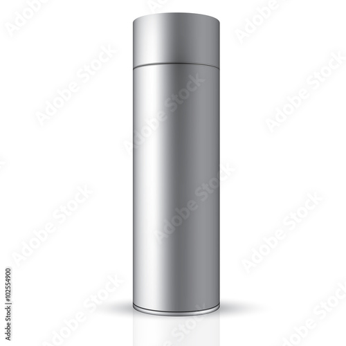 VECTOR PACKAGING: Tall aluminum tin round container on isolated white background. Mock-up template for design.