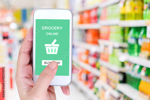 Hand holding smart phone with grocery shopping online on screen