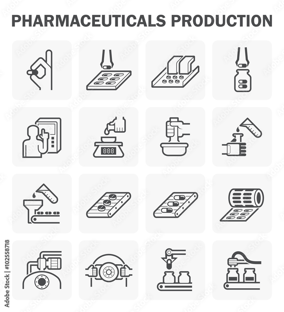 Pharmaceutical and supplement manufacture industry vector icon. Include capsule pill tablet drug or medicine, filling bottle package, operator, computer,  robot, automated machine and production line.