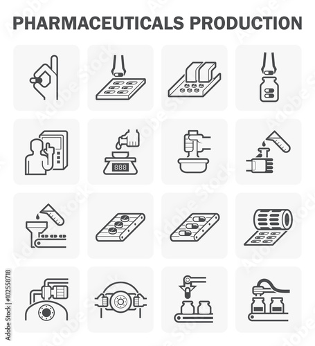 Pharmaceutical and supplement manufacture industry vector icon. Include capsule pill tablet drug or medicine, filling bottle package, operator, computer,  robot, automated machine and production line.