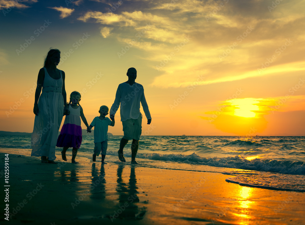 Family Walking Beach Sunset Travel Holiday Concept Family Walking Beach Sunset Travel Holiday Concept