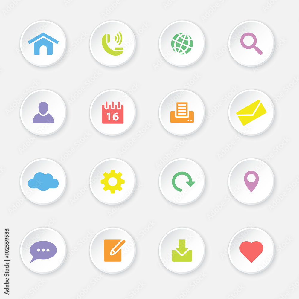colorful web icon set 1 on white circle button with soft shadow colorful web icon set 1 on white circle button with soft shadow