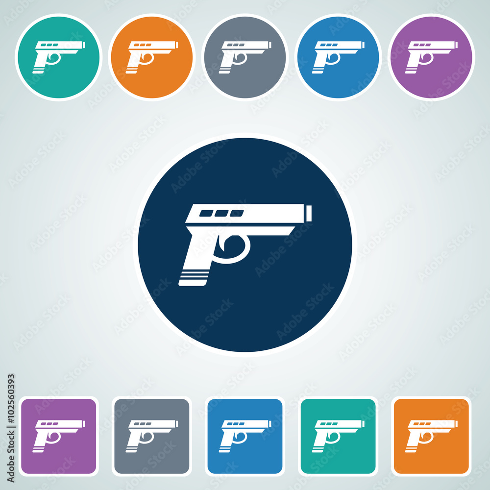 Icon of Pistol in Multi Color Circle & Square Shape. Eps-10. Icon of Pistol in Multi Color Circle & Square Shape. Eps-10.