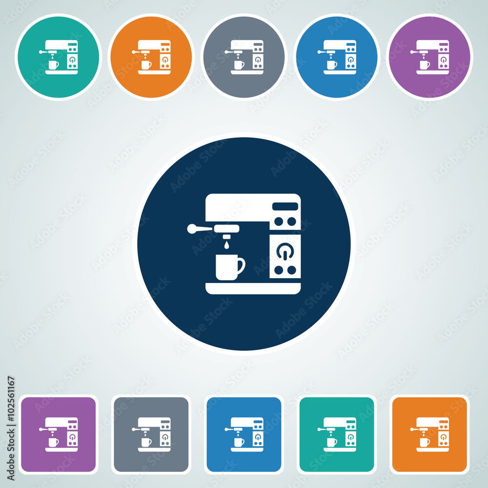 Icon of Coffee Machine in Multi Color Circle & Square Shape. Eps-10.