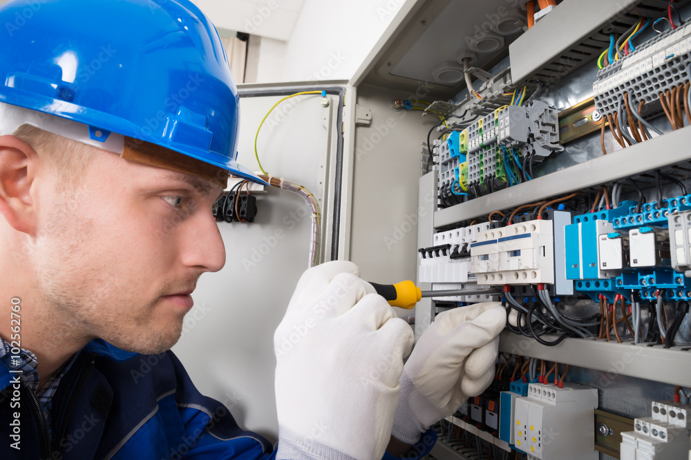 Male Electrician Examining Fusebox Male Electrician Examining Fusebox