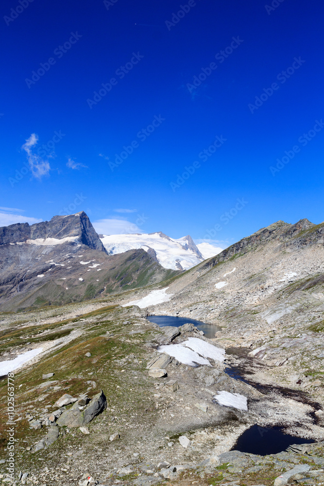 Mountain glacier panorama view with lake, summit Großvenediger and Kristallwand in Hohe Tauern Alps, Austria