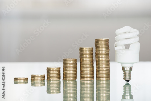 Fluorescent Light Bulb And Stacked Coins On Desk