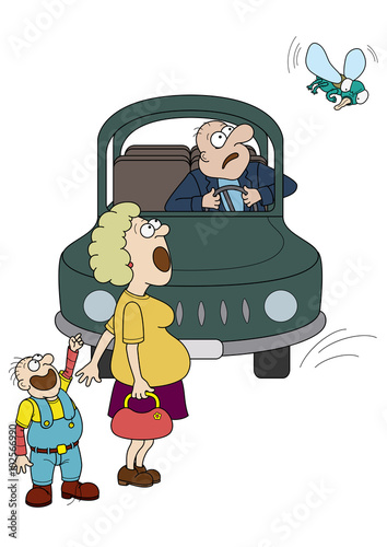Danger on the road.  Illustration driver in a car, a woman and a child. They are stare at the big fly