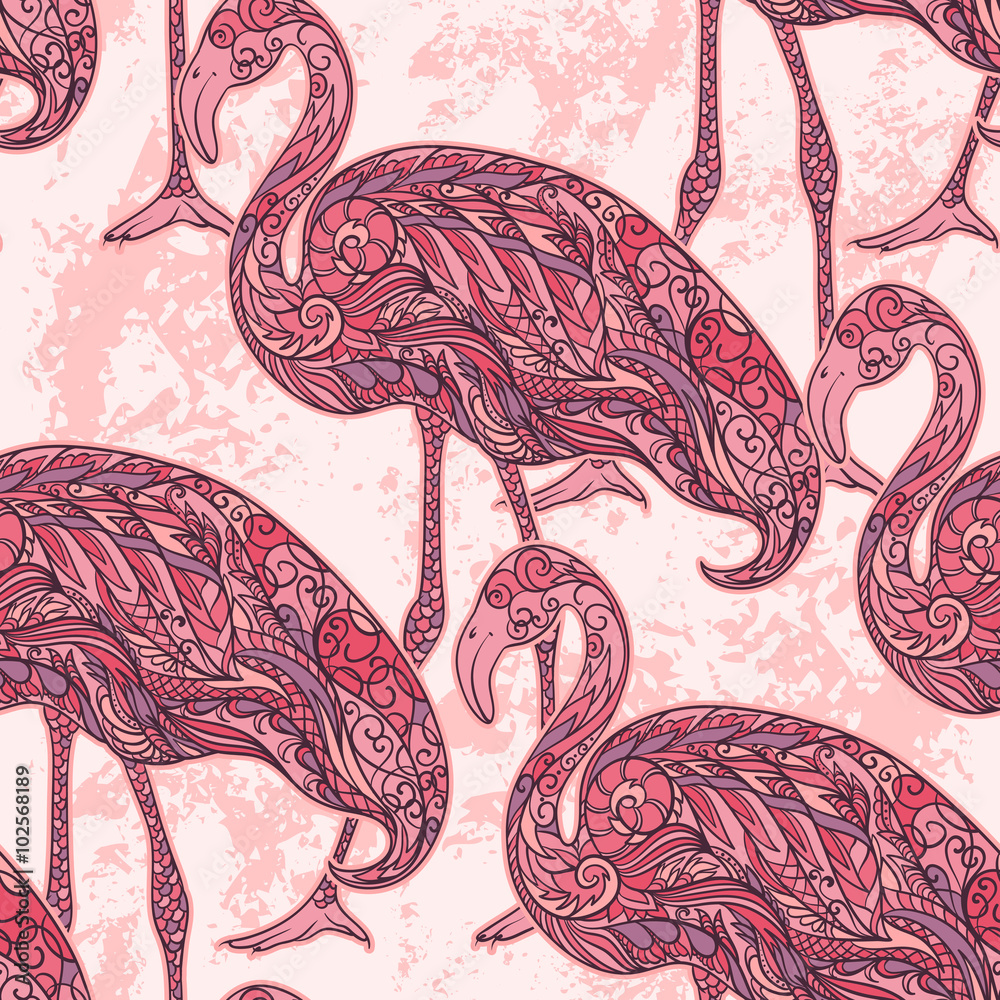 Fototapeta premium Flamingo decorated with oriental ornaments on grunge background. Vintage colorful seamless pattern. Hand drawn vector illustration