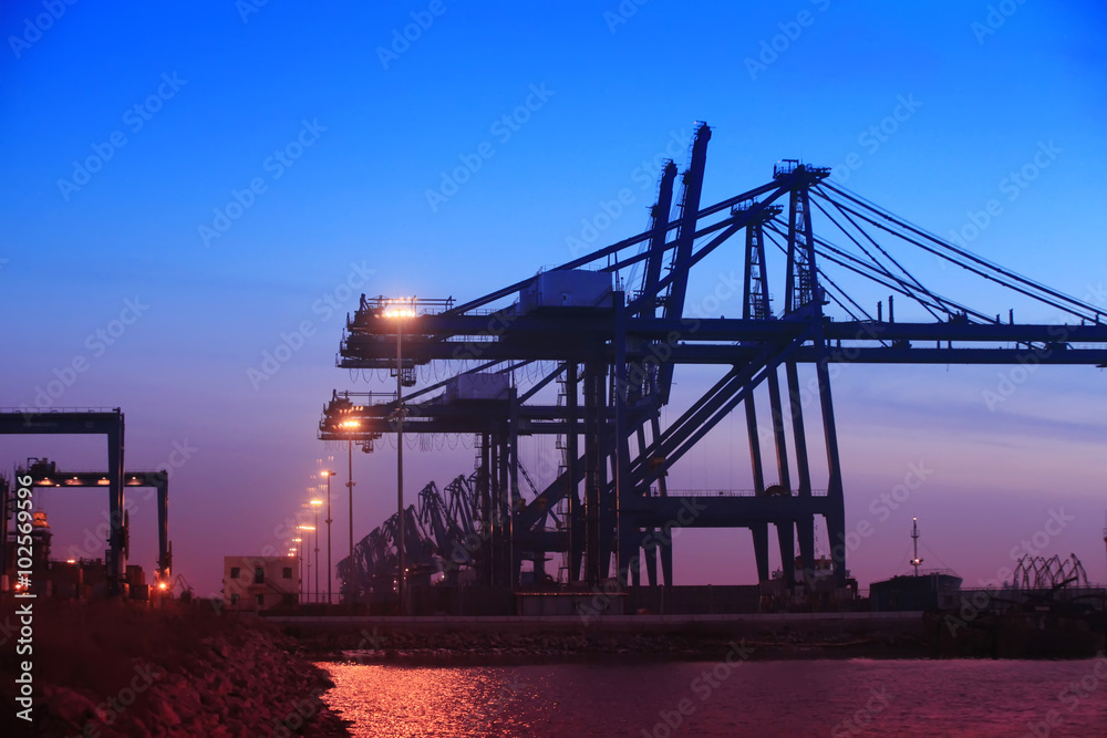 Working cranes, in the evening Working cranes, in the evening