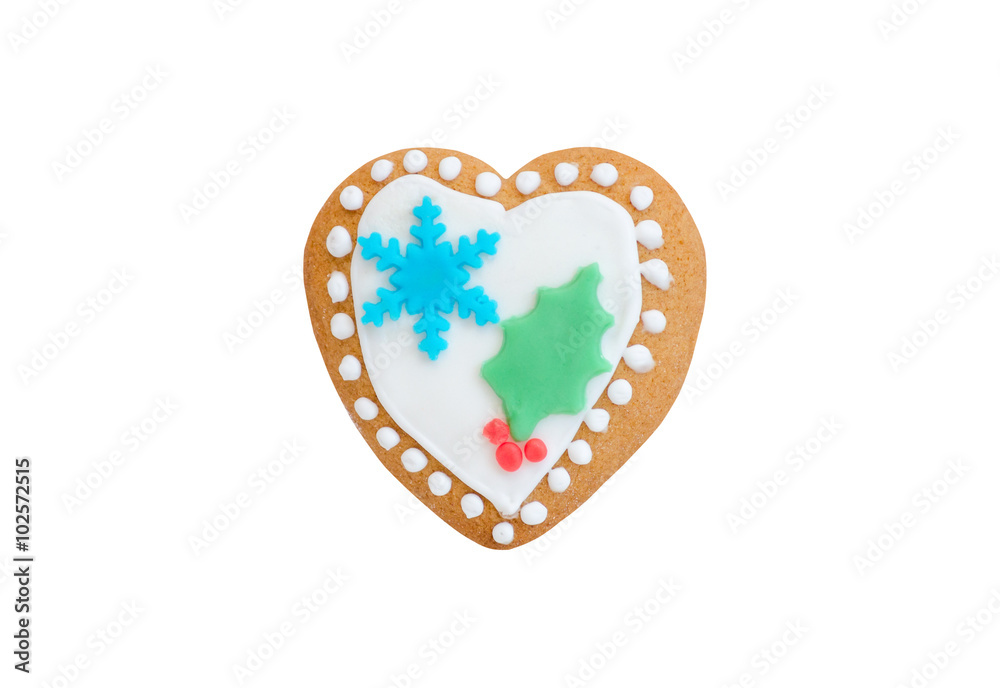 christmas gingerbread heart with red berries and snowflake isolated christmas gingerbread heart with red berries and snowflake isolated