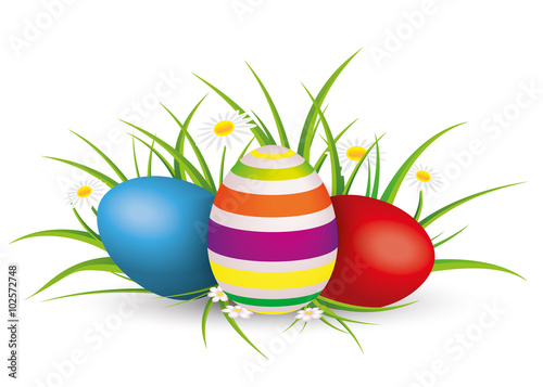 Easter Eggs Grass With Flowers