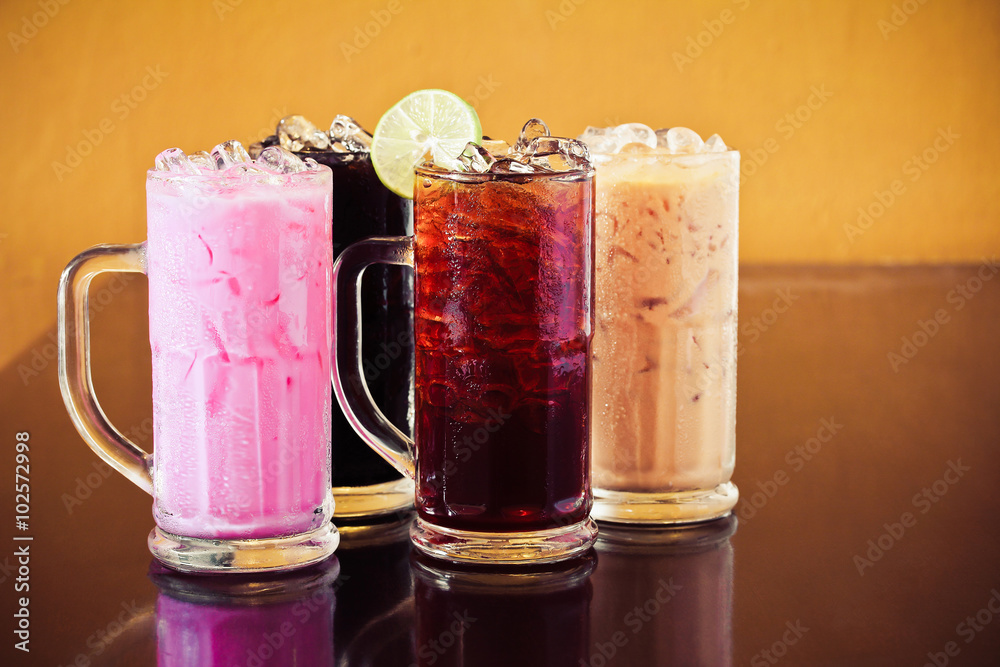 Set of different Asian soft drink, Thai iced lemon tea, Thai iced black ...