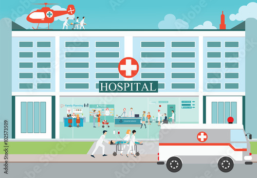 Medical emergency chopper helicopter and  Ambulance car.