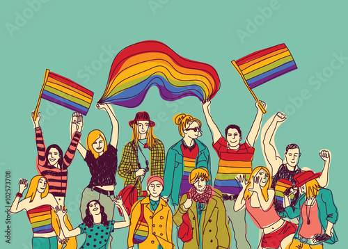 Canvas Print Lgbt happy gay meeting people group and sky.