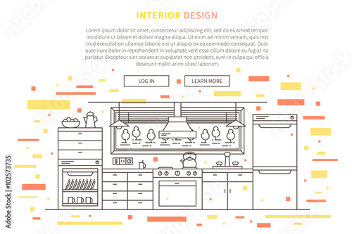 Interior design (house furniture) landing page linear vector illustration. Line graphic design of kitchen. Creative concept of flat interior design website page (banner).
