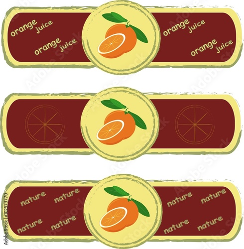 Labels. Orange, sliced Orange, green leaves on light yellow background, painting, Burgundy, khaki frame. Healthy food, fruit, juice, organic, packaging design, product label, clip art, vector